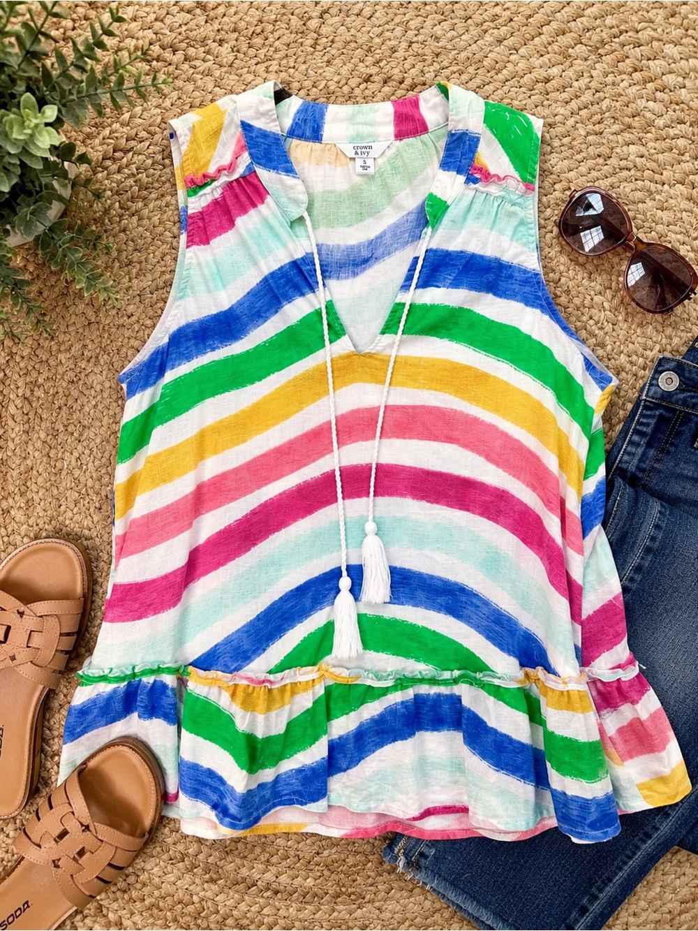 Crown & Ivy Rainbow Stripe Linen Blend Boho Tank Small